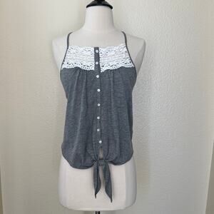 Abercrombie & Fitch tie button front tank top gray ivory crochet lace racerback